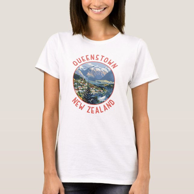 Queenstown New Zealand Retro Distressed Circle T-Shirt (Front)