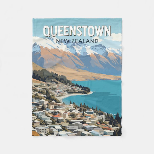Queenstown New Zealand Travel Art Vintage Fleece Blanket (Front)