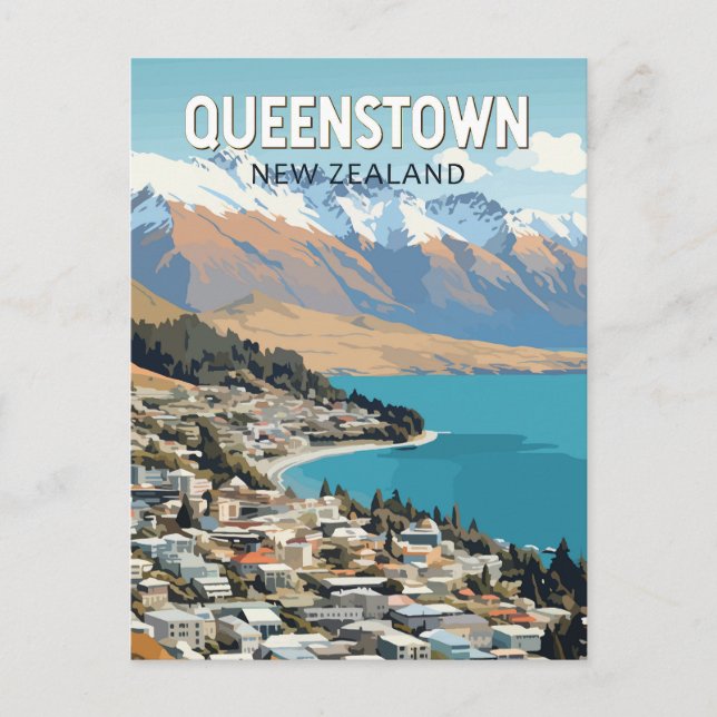 Queenstown New Zealand Travel Art Vintage Postcard (Front)