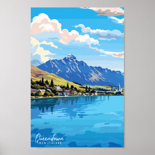 Queenstown New Zealand Travel Art Vintage  Poster