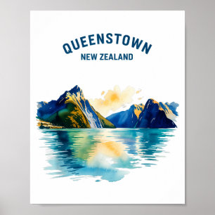 Queenstown New Zealand Vintage Watercolor Scenic T Poster