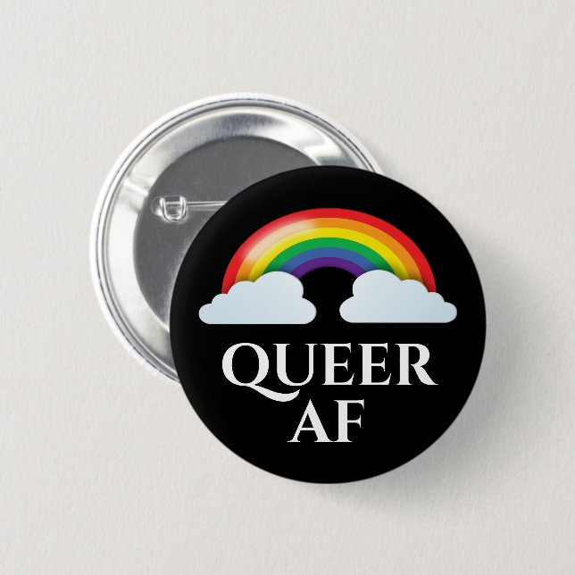 'Queer AF' rainbow and clouds 6 Cm Round Badge (Front & Back)