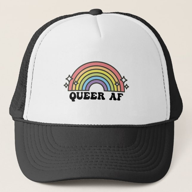 Queer AF Rainbow Gay Lesbian Trans Bisexual LGBTQ  Trucker Hat (Front)