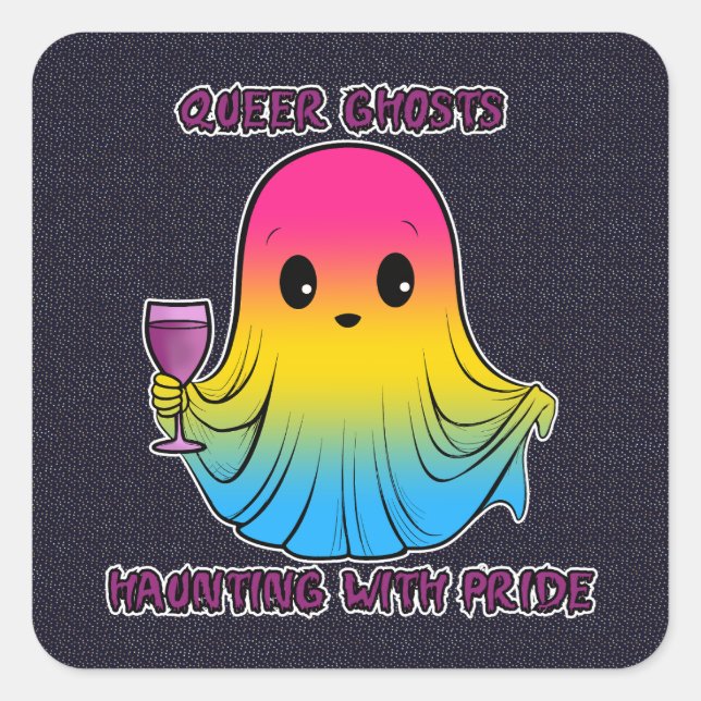 Queer Ghosts, Ghost in Pansexual Flag Colours Square Sticker (Front)