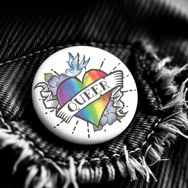 Queer Heart Tattoo 6 Cm Round Badge ( Featuring a realistic image of a rainbow colored heart with Queer proudly written on the front. )
