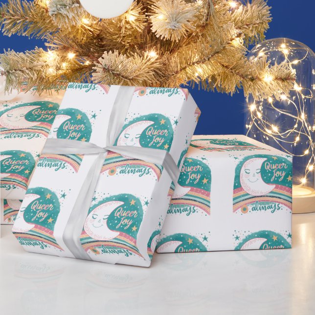 Queer Joy Always LGBTQ Pride Rainbow Moon Cute  Wrapping Paper (Holidays)