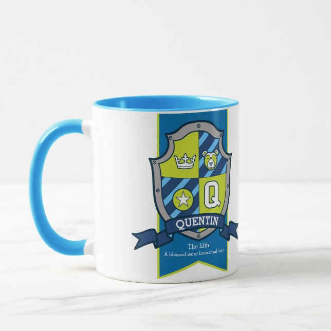 Quentin letter Q crest blue green name meaning mug (Left)