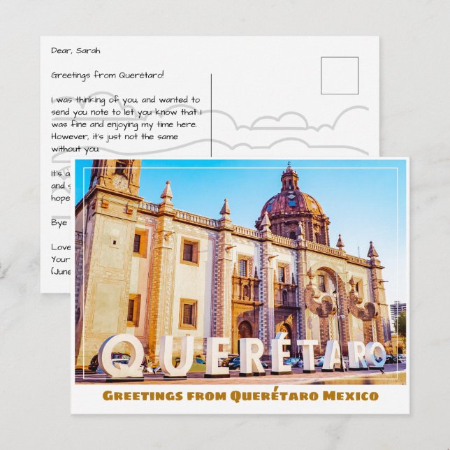 Querétaro Mexico Sign and Church Postcard (Front/Back)