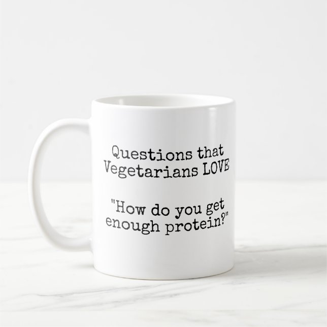 Questions that Vegetarians LOVE - Protein Coffee Mug (Left)
