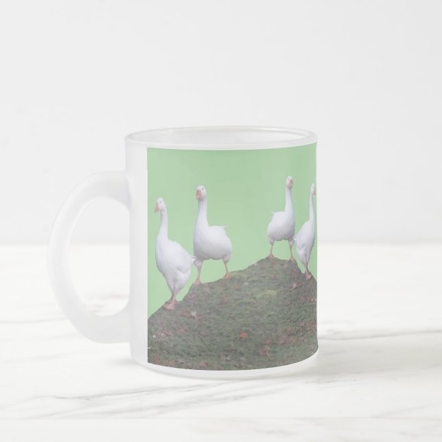 Queue Uped Cute Geese Green Frosted Glass Mug (Left)