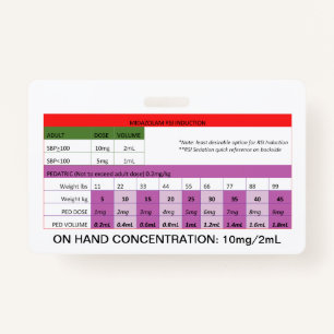 Quick Dosing RE: Midazolam RSI Induction/Sedation ID Badge
