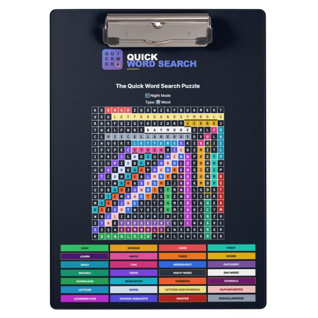Quick Word Search Puzzle Clipboard Night Mode (Front)