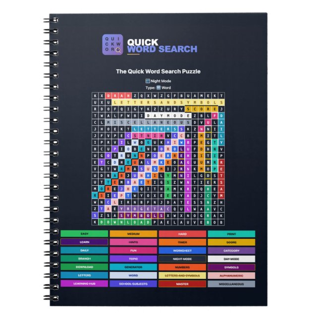 Quick Word Search Puzzle Notebook Night Mode (Front)