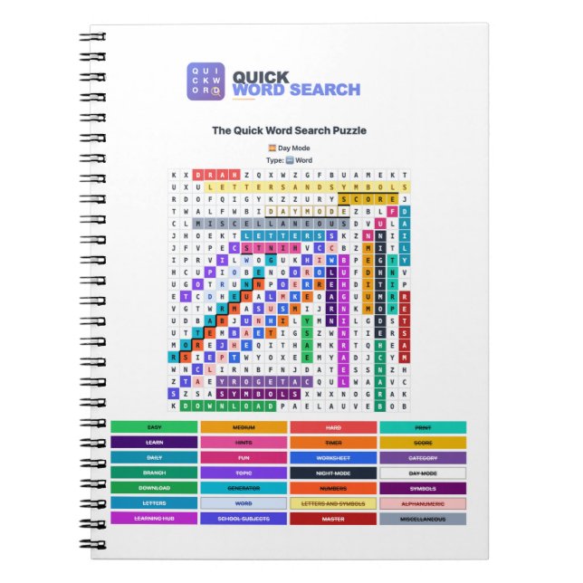 Quick Word Search Spiral Notebook Day Mode (Front)