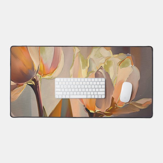 Quiet Bloom – Abstract Tulips In Soft Gold Desk Mat (Keyboard & Mouse)