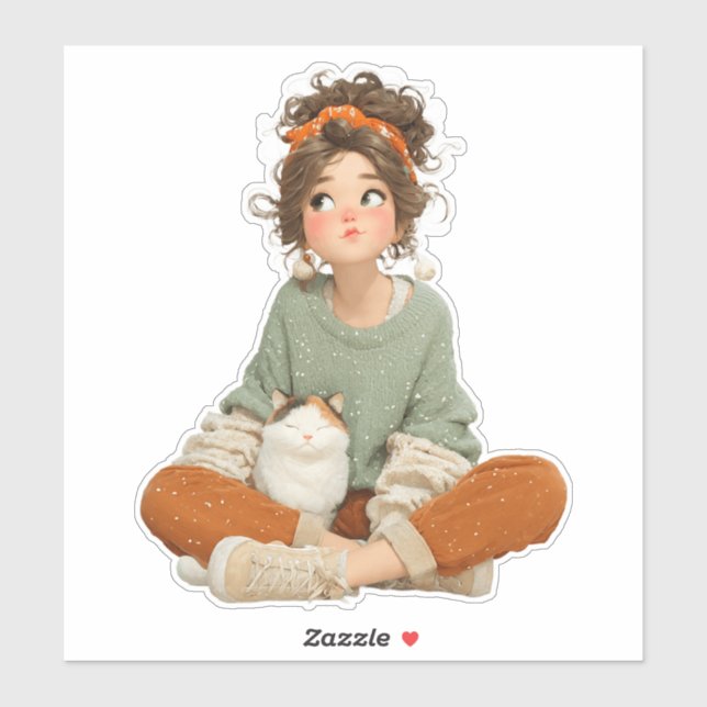 Quiet Daydream Girl & Cat – Premium Art Sticker (Sheet)