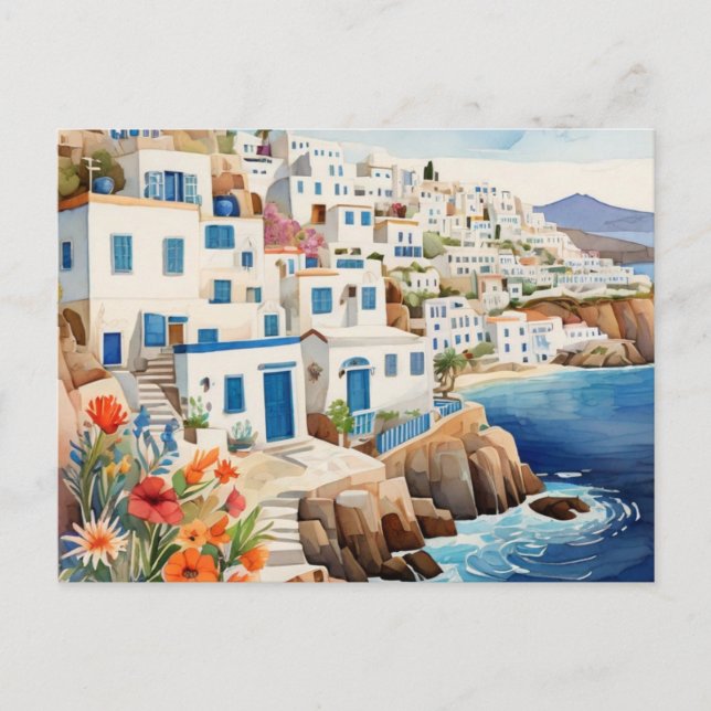 Quiet Greek Fishing Village Greece Sea Watercolor Holiday Postcard (Front)