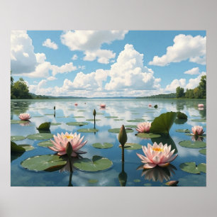 Quiet Lake with Water Lily Flowers and Cloudy Sky Poster