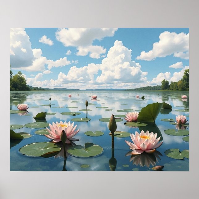 Quiet Lake with Water Lily Flowers and Cloudy Sky Poster (Front)
