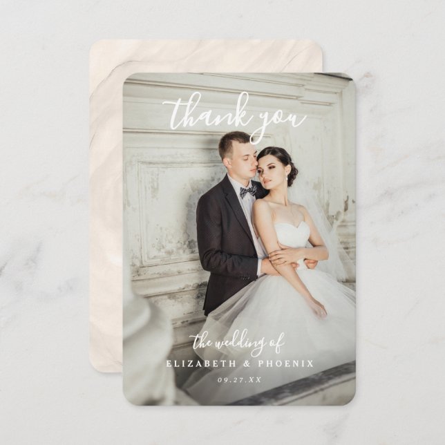 Quiet Luxury Champagne Pearl Bow Wedding Photo  Thank You Card (Front/Back)