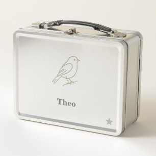 Quiet Luxury Line Art Bird Kids Personalised Name Metal Lunch Box