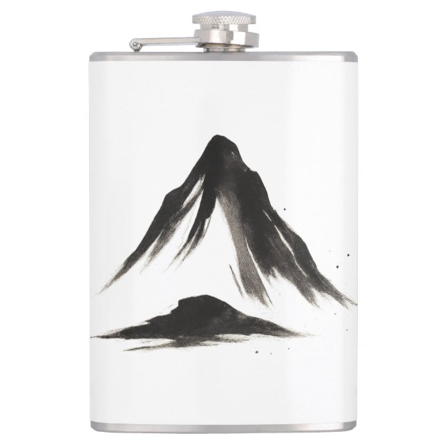Quiet Mountain – Ink Brush Landscape on Hip Flask (Front)