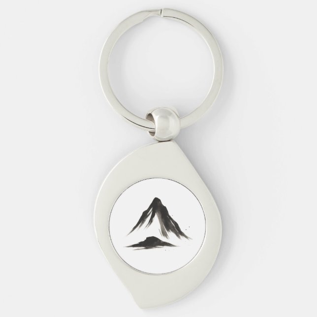 Quiet Mountain – Ink Brush Landscape on Key Ring (Front)