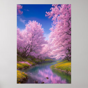 Quiet River adored by Sakura trees Poster