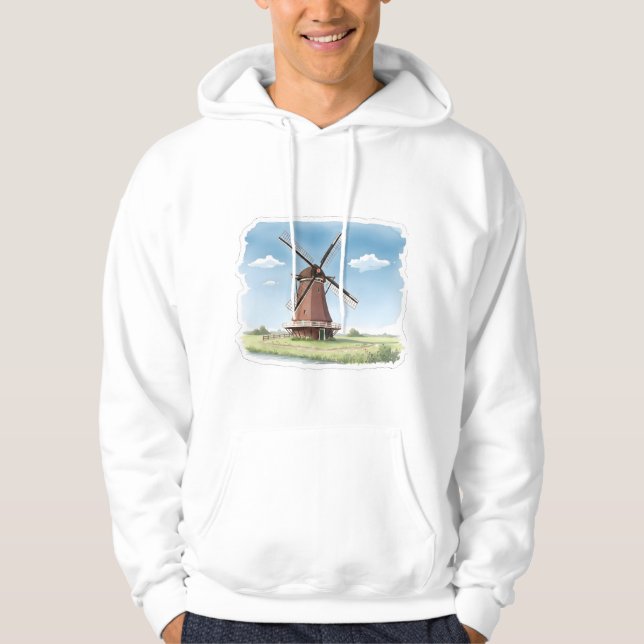 Quiet Windmill in the Fields – Soft Watercolor Lan Hoodie (Front)