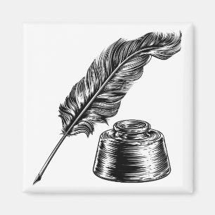 Quill Feather Pen and Ink Well Magnet
