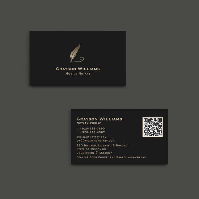 Quill Mobile Notary Black Gold QR Code  Business Card (Creator Uploaded)