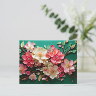 Quilled Cherry Blossom Art Postcard - Green Bloom