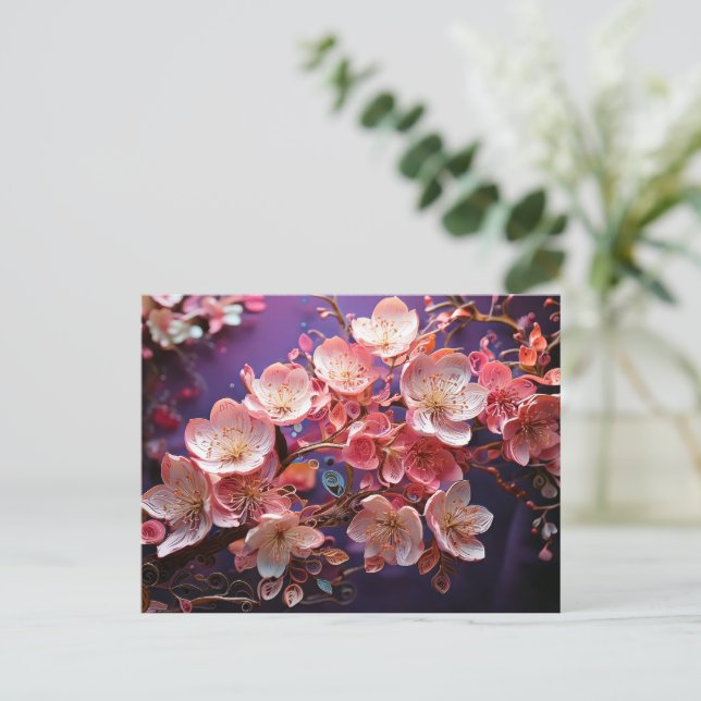 Quilled Cherry Blossom Art Postcard - Purple (Standing Front)