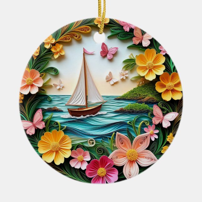 Quilled Nature Scene with Sailing Boat Ceramic Tree Decoration (Front)