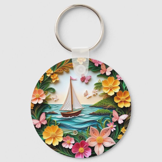 Quilled Nature Scene with Sailing Boat Key Ring (Front)