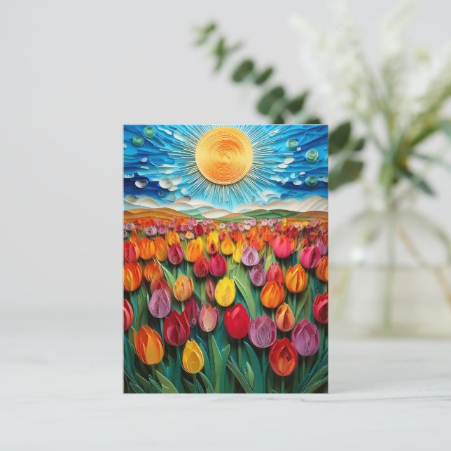 Quilled Tulip Field: Vibrant Sky & Sun Art Postcard (Standing Front)