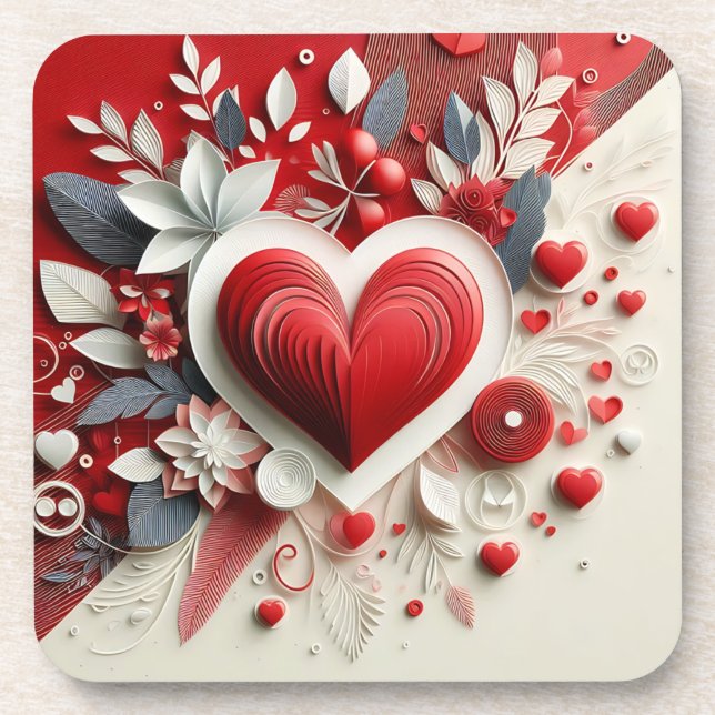 Quilling Hearts Flowers Design Valentine's Day Coaster (Front)