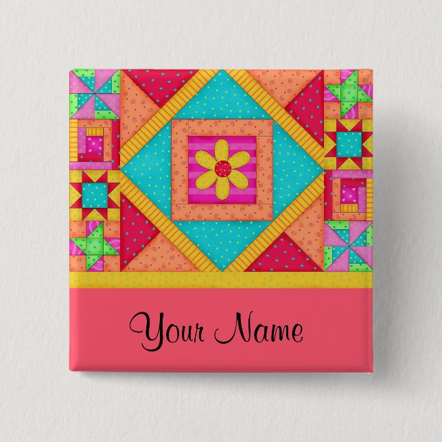Quilt Art Name Button Badge - Red (Front)