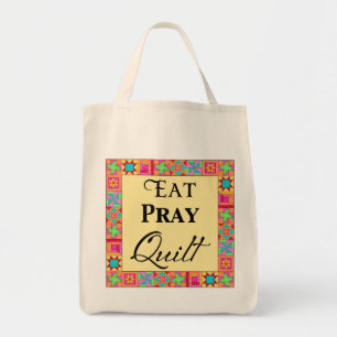 Quilt Blocks Border Art Eat Pray Quilt Yellow Tote Bag
