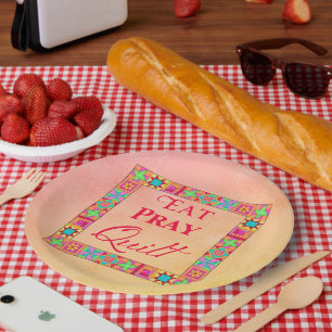 Quilt Blocks Border Eat Pray Quilt Coral Yellow Paper Plate