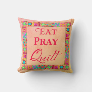 Quilt Blocks Patchwork Eat Pray Quilt Coral Yellow Cushion