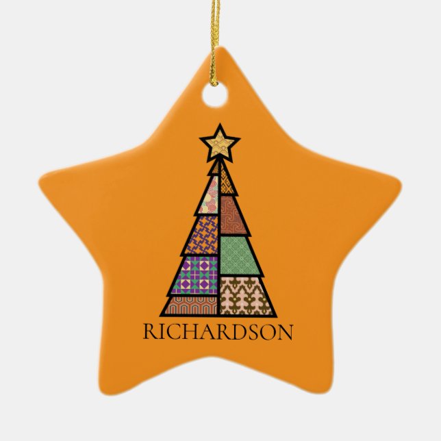 Quilt Christmas Tree with Monogram Ceramic Tree Decoration (Front)