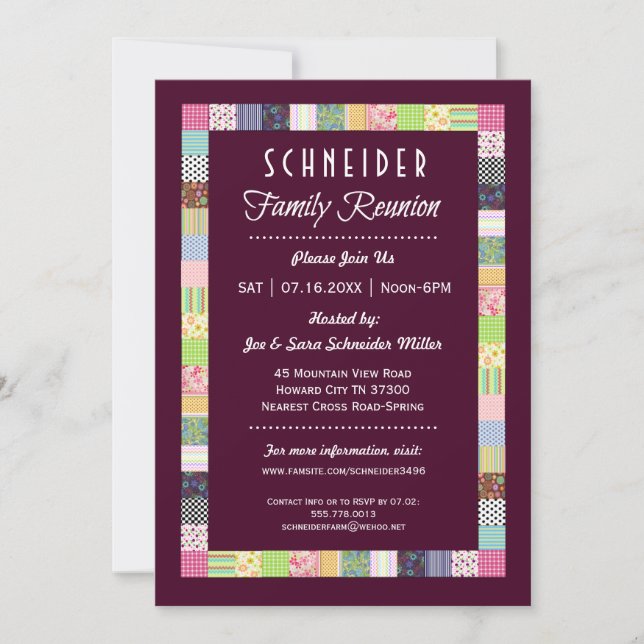 Quilt Design Family Reunion Dark Invitations (Front)