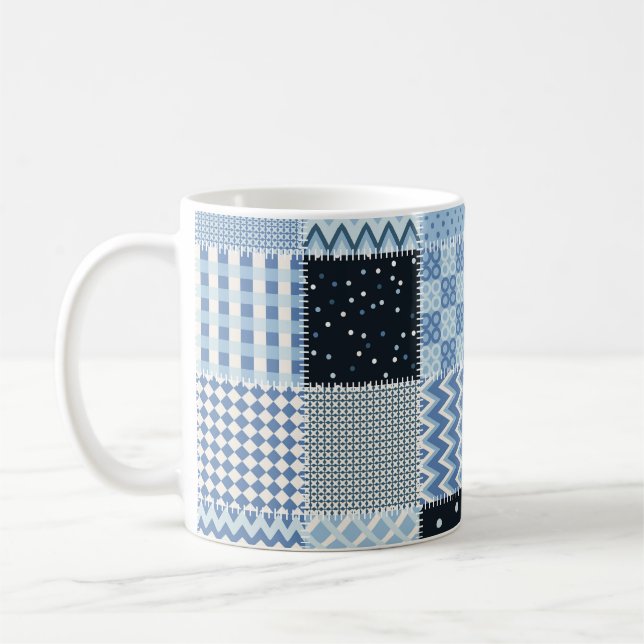 Quilt design, geometric patchwork, blue tones. coffee mug (Left)