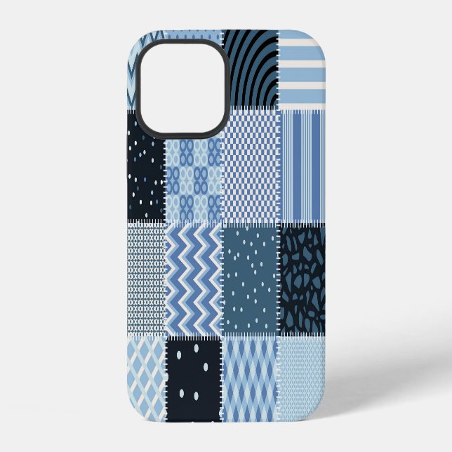 Quilt design, geometric patchwork, blue tones. iPhone case (Back)