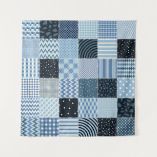 Quilt design, geometric patchwork, blue tones. tapestry