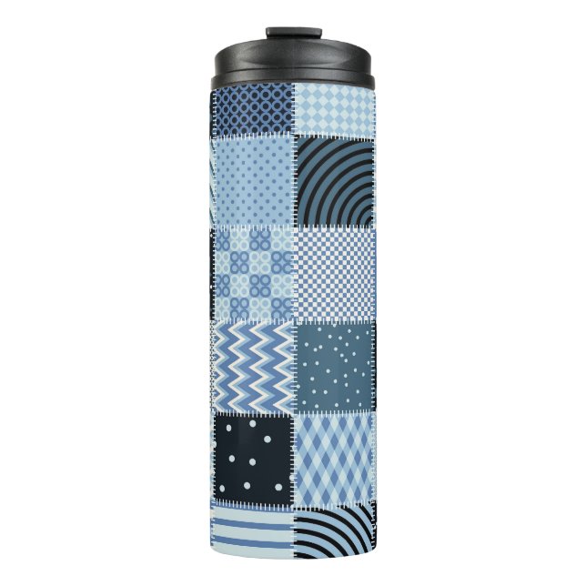 Quilt design, geometric patchwork, blue tones. thermal tumbler (Front)