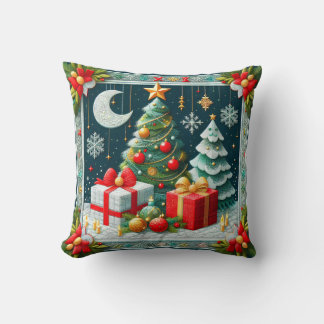 Quilt Look Christmas Scene Decorated Trees Cushion