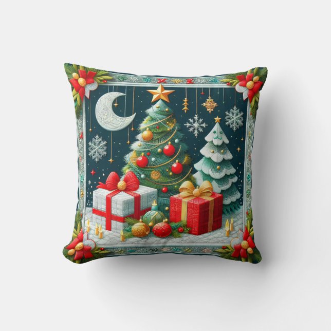 Quilt Look Christmas Scene Decorated Trees  Cushion (Front)