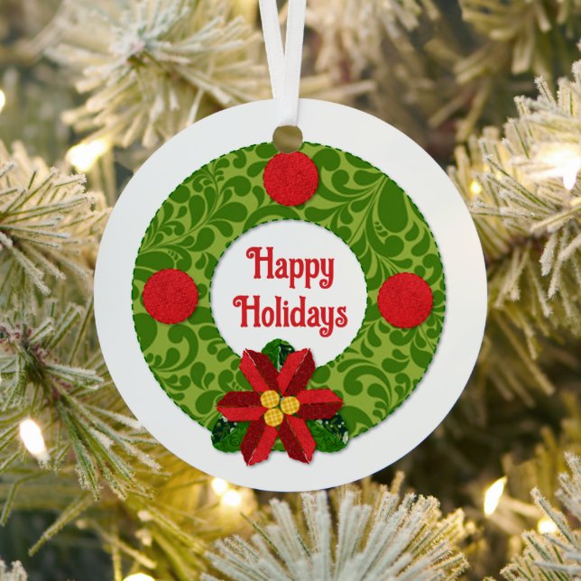  Quilt Look Wreath Personalised Metal Tree Decoration (Insitu)